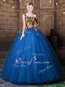 Blue Lace Up Quince Ball Gowns Pattern Sleeveless Floor Length