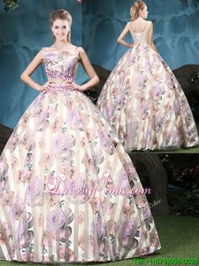 Dynamic Floor Length Lace Up Quinceanera Dress Multi-color and In forMilitary Ball and Sweet 16 and Quinceanera withAppliques and Pattern