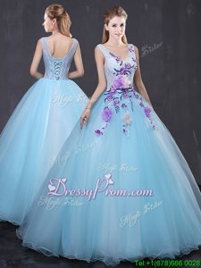 Beautiful V-neck Sleeveless Lace Up Sweet 16 Dress Light Blue Tulle