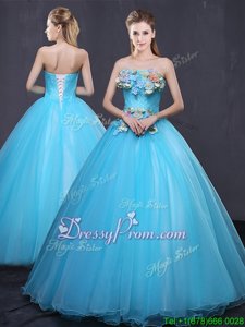 Sexy Sleeveless Floor Length Appliques Lace Up 15 Quinceanera Dress with Baby Blue
