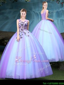 Most Popular Ball Gowns Quinceanera Dresses Blue and Lilac V-neck Tulle Sleeveless Floor Length Lace Up