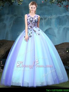 Customized Multi-color Ball Gowns V-neck Sleeveless Tulle Floor Length Lace Up Appliques 15th Birthday Dress