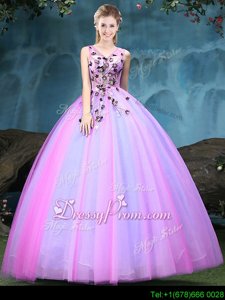Ideal Ball Gowns Sweet 16 Dresses Multi-color V-neck Tulle Sleeveless Floor Length Lace Up