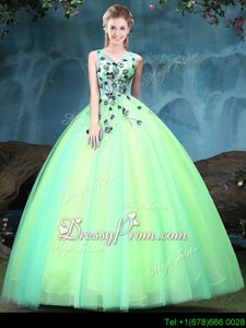 Perfect V-neck Sleeveless Tulle Sweet 16 Dresses Appliques Lace Up