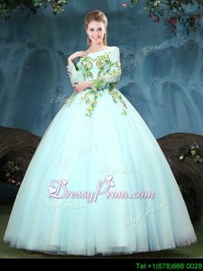 Glittering Aqua Blue Tulle Lace Up Scoop Long Sleeves Floor Length Quince Ball Gowns Appliques