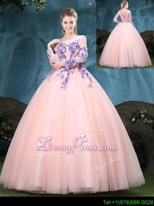 Lovely Baby Pink and Peach Lace Up Sweet 16 Dresses Appliques Long Sleeves Floor Length