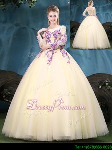 High End Light Yellow Ball Gowns Appliques Sweet 16 Dresses Lace Up Tulle Long Sleeves Floor Length