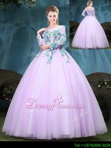 Attractive Lilac Long Sleeves Floor Length Appliques Lace Up Sweet 16 Quinceanera Dress