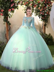 Low Price Light Blue Ball Gowns Tulle Scoop Long Sleeves Appliques Floor Length Lace Up 15th Birthday Dress