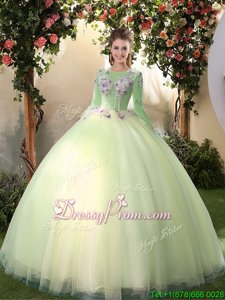 Most Popular Appliques Quince Ball Gowns Light Yellow Lace Up Long Sleeves Floor Length