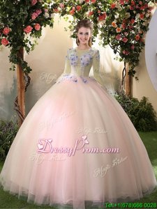 Luxurious Appliques Sweet 16 Dress Peach Lace Up Long Sleeves Floor Length