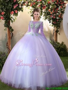 Glamorous Floor Length Lavender Quinceanera Dresses Tulle 3|4 Length Sleeve Spring and Summer and Fall and Winter Appliques