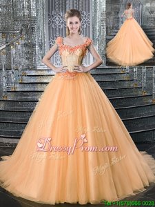 Elegant Orange Lace Up Straps Beading and Appliques Quinceanera Dresses Tulle Sleeveless Brush Train