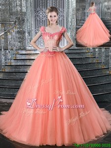 Suitable Sleeveless With Train Beading Lace Up Quinceanera Gowns with Orange Brush Train