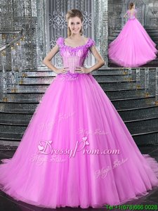 Custom Design Spring and Summer and Fall and Winter Tulle Sleeveless With Train Ball Gown Prom Dress Brush Train andBeading and Appliques