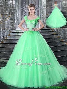 Charming Sleeveless Brush Train Beading and Appliques Lace Up Quinceanera Gowns