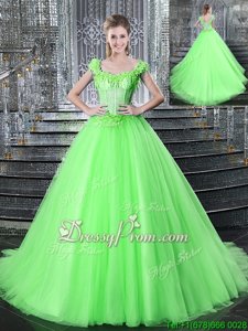 Custom Fit Spring Green Sleeveless Tulle Brush Train Lace Up 15 Quinceanera Dress forMilitary Ball and Sweet 16 and Quinceanera