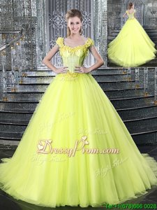 Fancy Yellow Ball Gowns Straps Sleeveless Tulle With Brush Train Lace Up Beading and Appliques Vestidos de Quinceanera