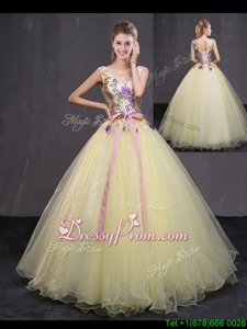 Fashion Light Yellow Ball Gowns Appliques and Belt Sweet 16 Dress Lace Up Tulle Sleeveless Floor Length