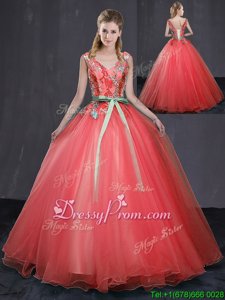 Custom Design Coral Red Sweet 16 Quinceanera Dress Military Ball and Sweet 16 and Quinceanera and For withAppliques and Belt V-neck Sleeveless Lace Up