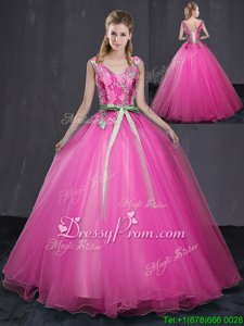 Beautiful Hot Pink Quinceanera Dress Military Ball and Sweet 16 and Quinceanera and For withAppliques and Belt V-neck Sleeveless Lace Up