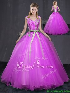 Artistic Fuchsia Tulle Lace Up V-neck Sleeveless Floor Length Sweet 16 Quinceanera Dress Appliques and Belt