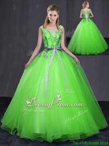 Discount Spring Green Lace Up V-neck Appliques and Belt Quinceanera Gowns Tulle Sleeveless
