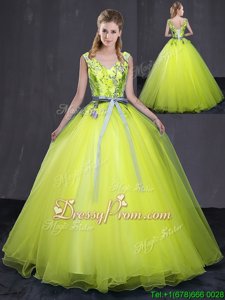 Stylish Yellow Green Sleeveless Tulle Lace Up 15 Quinceanera Dress forMilitary Ball and Sweet 16 and Quinceanera