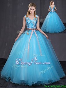 V-neck Sleeveless Tulle Quinceanera Gown Appliques and Belt Lace Up