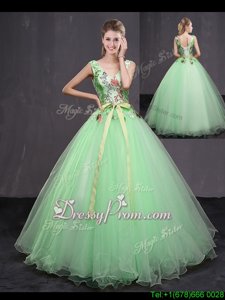 Pretty Apple Green Lace Up Quince Ball Gowns Appliques and Belt Sleeveless Floor Length