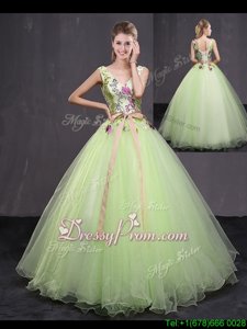 Great Spring and Summer and Fall and Winter Tulle Sleeveless Floor Length Sweet 16 Quinceanera Dress andAppliques and Belt