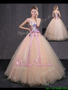 Clearance Floor Length Lace Up Quinceanera Dresses Peach and In forMilitary Ball and Sweet 16 and Quinceanera withAppliques and Belt