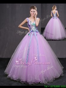 Suitable Sleeveless Tulle Floor Length Lace Up 15 Quinceanera Dress inLilac forSpring and Summer and Fall and Winter withAppliques and Belt