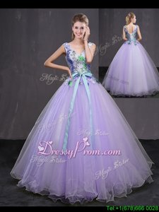 Superior Beading and Belt 15 Quinceanera Dress Lavender Lace Up Sleeveless Floor Length