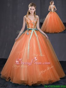 Glorious Orange Sleeveless Beading and Belt Floor Length Ball Gown Prom Dress