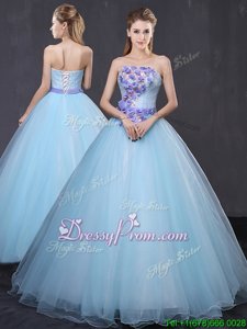 Comfortable Light Blue Tulle Lace Up Quinceanera Dress Sleeveless Floor Length Appliques and Belt
