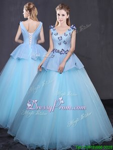 Inexpensive Light Blue V-neck Neckline Appliques Quinceanera Dress Sleeveless Lace Up