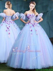 Admirable Light Blue Vestidos de Quinceanera Military Ball and Sweet 16 and Quinceanera and For withAppliques Sweetheart Sleeveless Lace Up