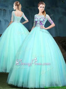 Designer Apple Green Scoop Lace Up Appliques 15 Quinceanera Dress Half Sleeves