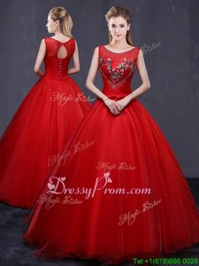 Modern Red Lace Up Scoop Beading and Embroidery 15th Birthday Dress Tulle Sleeveless