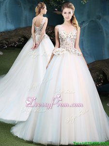 Luxury Sleeveless With Train Appliques Lace Up Quinceanera Gowns with White Brush Train