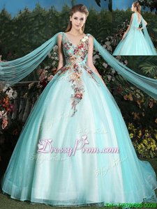 Flirting Aqua Blue Tulle Lace Up 15 Quinceanera Dress Sleeveless With Brush Train Appliques
