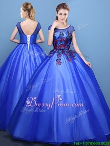 Clearance Floor Length Royal Blue Sweet 16 Quinceanera Dress Tulle Cap Sleeves Spring and Summer and Fall and Winter Appliques