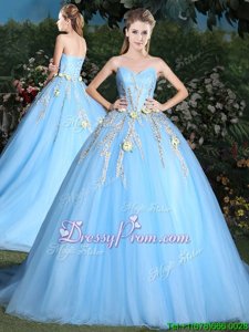 Decent Light Blue Sleeveless Appliques Lace Up Quinceanera Gown