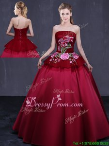 Fantastic Floor Length Wine Red Quinceanera Gown Strapless Sleeveless Lace Up