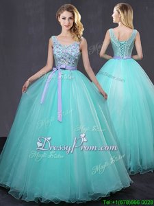 Fitting Tulle Scoop Sleeveless Lace Up Appliques and Belt Ball Gown Prom Dress inAqua Blue