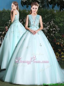 Exceptional Light Blue Tulle Lace Up Scoop Sleeveless Ball Gown Prom Dress Brush Train Beading and Appliques