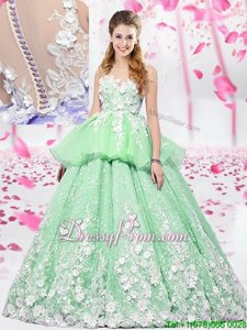 Fine Sleeveless Organza and Tulle Floor Length Lace Up Sweet 16 Dress inSpring Green forSpring and Summer and Fall and Winter withLace and Appliques