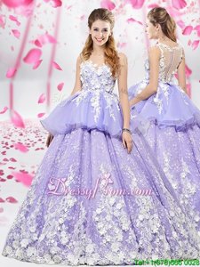 Beauteous Floor Length Lace Up 15th Birthday Dress Lavender and In forMilitary Ball and Sweet 16 and Quinceanera withAppliques