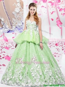 Colorful Yellow Green Scoop Neckline Lace and Appliques Quinceanera Gowns Sleeveless Lace Up